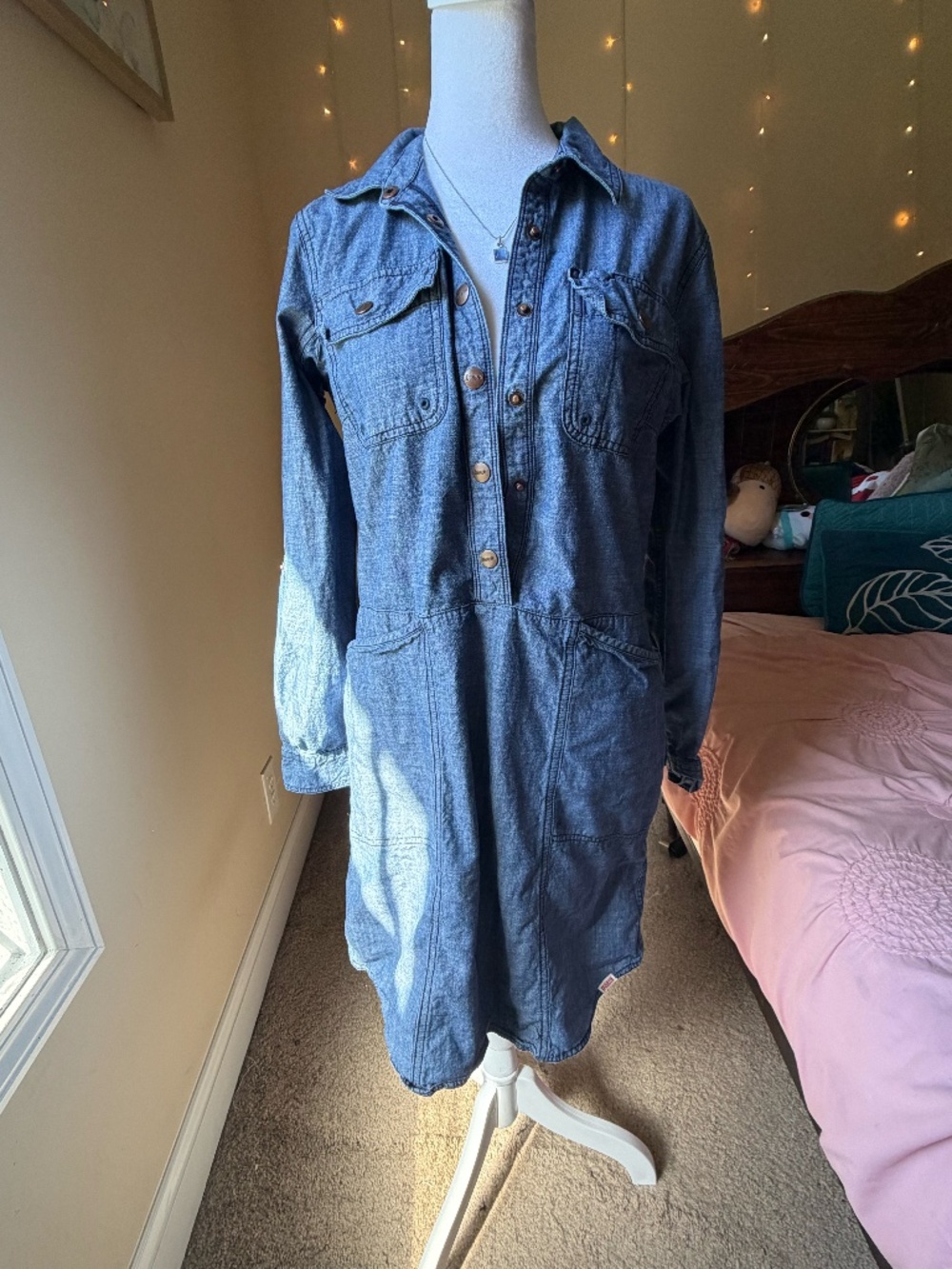 "Rootstock" long-sleeve chambray shirt dress in a classic mid-wash indigo blue.